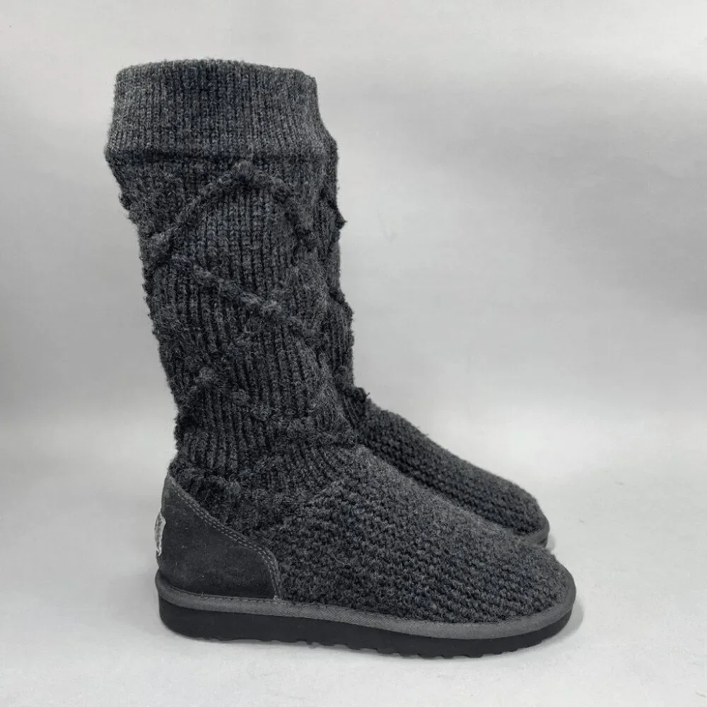 Ugg Cozy Classic Tall Gray Black Cable Knit Sweater Women's Boots 10